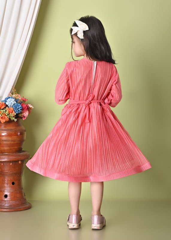 Girls Party Wear Floral Applique Pleated Dress - Peach - Additional Image 1