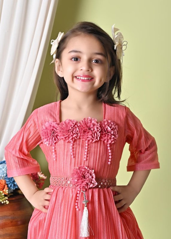Girls Party Wear Floral Applique Pleated Dress - Peach - Additional Image 2
