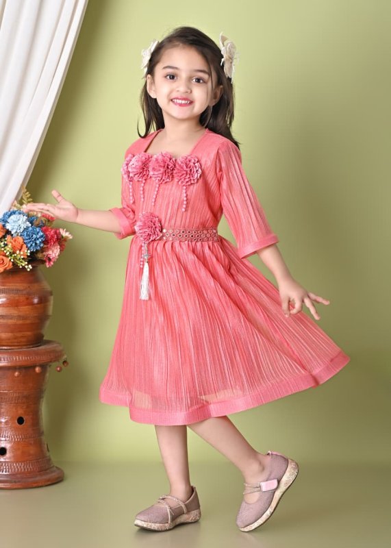 Girls Party Wear Floral Applique Pleated Dress - Peach - Additional Image 3