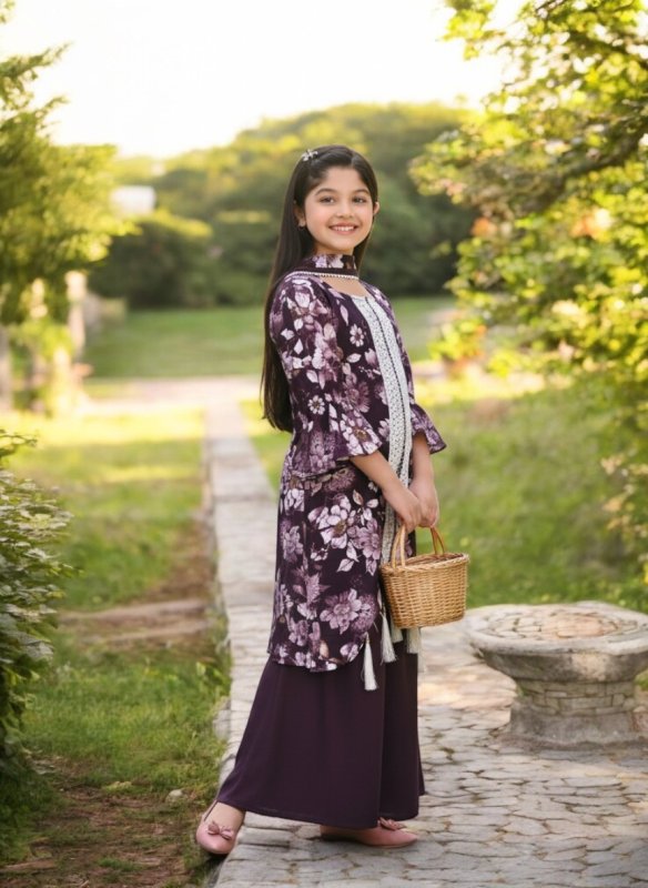 Girls Floral Printed Kurti with Sharara Set - PURPLE - Additional Image 3