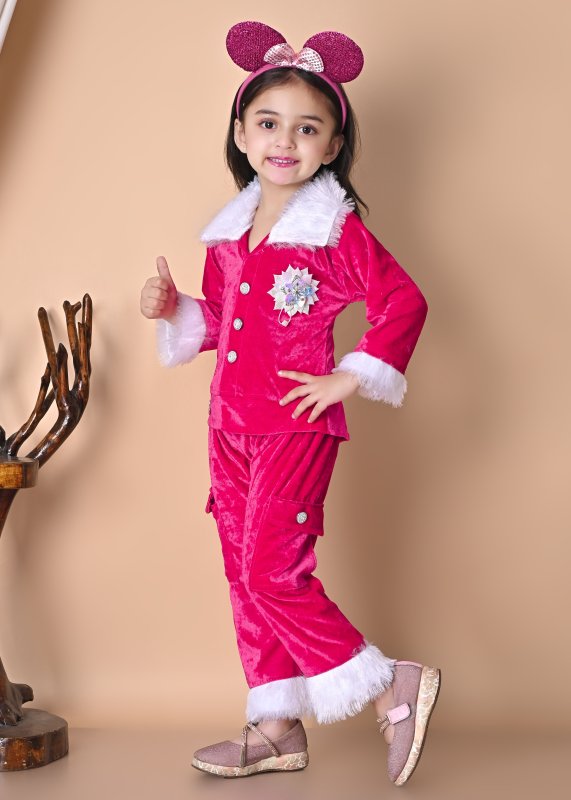 Girls Winter Velvet Jacket & Pants Set with Fur Detailing - Pink - Additional Image 2