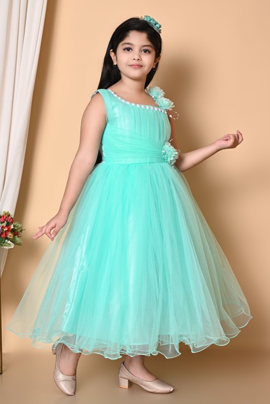 Girls Party Wear Net Gown with Floral Embellishment - Green - Additional Image 1