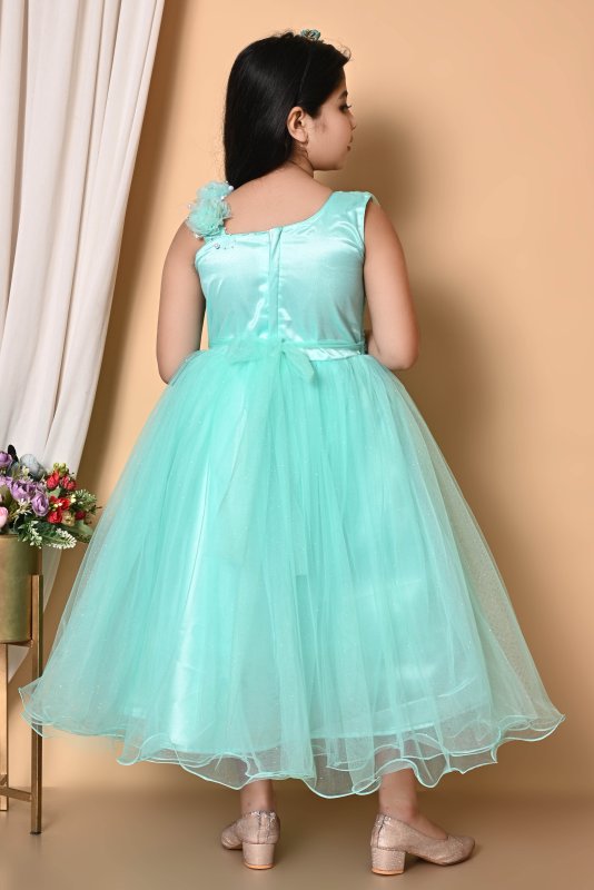 Girls Party Wear Net Gown with Floral Embellishment - Green - Additional Image 3