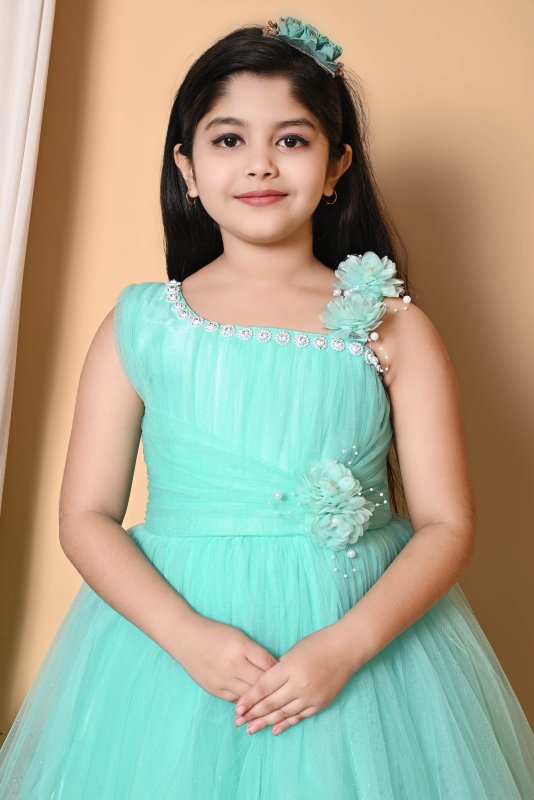 Girls Party Wear Net Gown with Floral Embellishment - Green - Additional Image 4