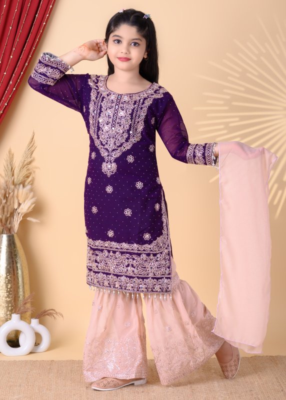 Girls Festive Wear Kurta Sharara Set with Embroidery & Dupatta - Blue - Additional Image 3