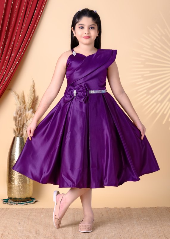 Girls One-Shoulder Party Wear Frock with Bow Detail